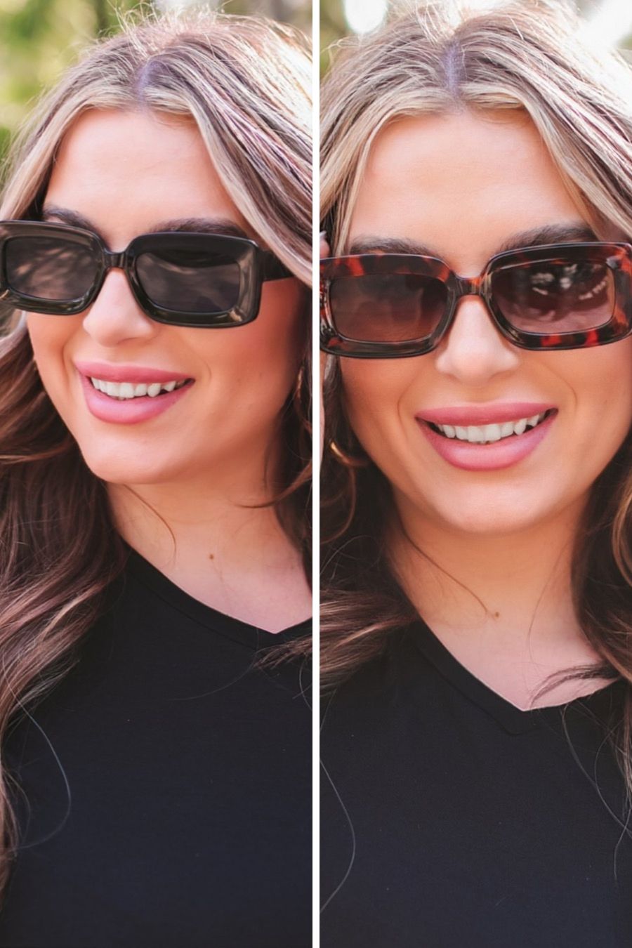 black and brown chunky rectangular sunglasses with thick frames, tinted lenses, smooth finish, UV protection, and brand detail (on both the temple and the complimentary black pouch)