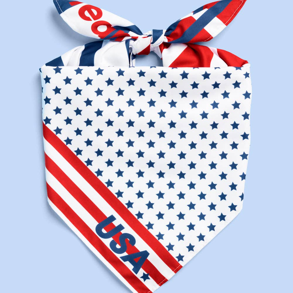 a soft lightweight square polyester bandana with a red, white, and blue flag-inspired print, stars, strips, Team USA lettering, and versatile styling options