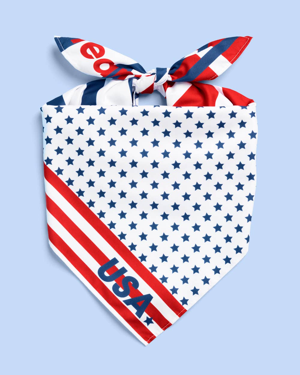 a soft lightweight square polyester bandana with a red, white, and blue flag-inspired print, stars, strips, Team USA lettering, and versatile styling options
