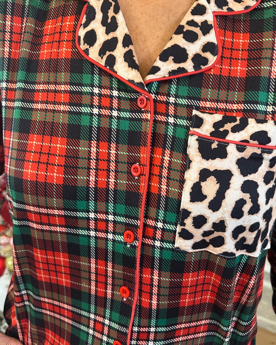 long sleeve top and matching shorts on a plaid base with a mix of leopard print and red accents