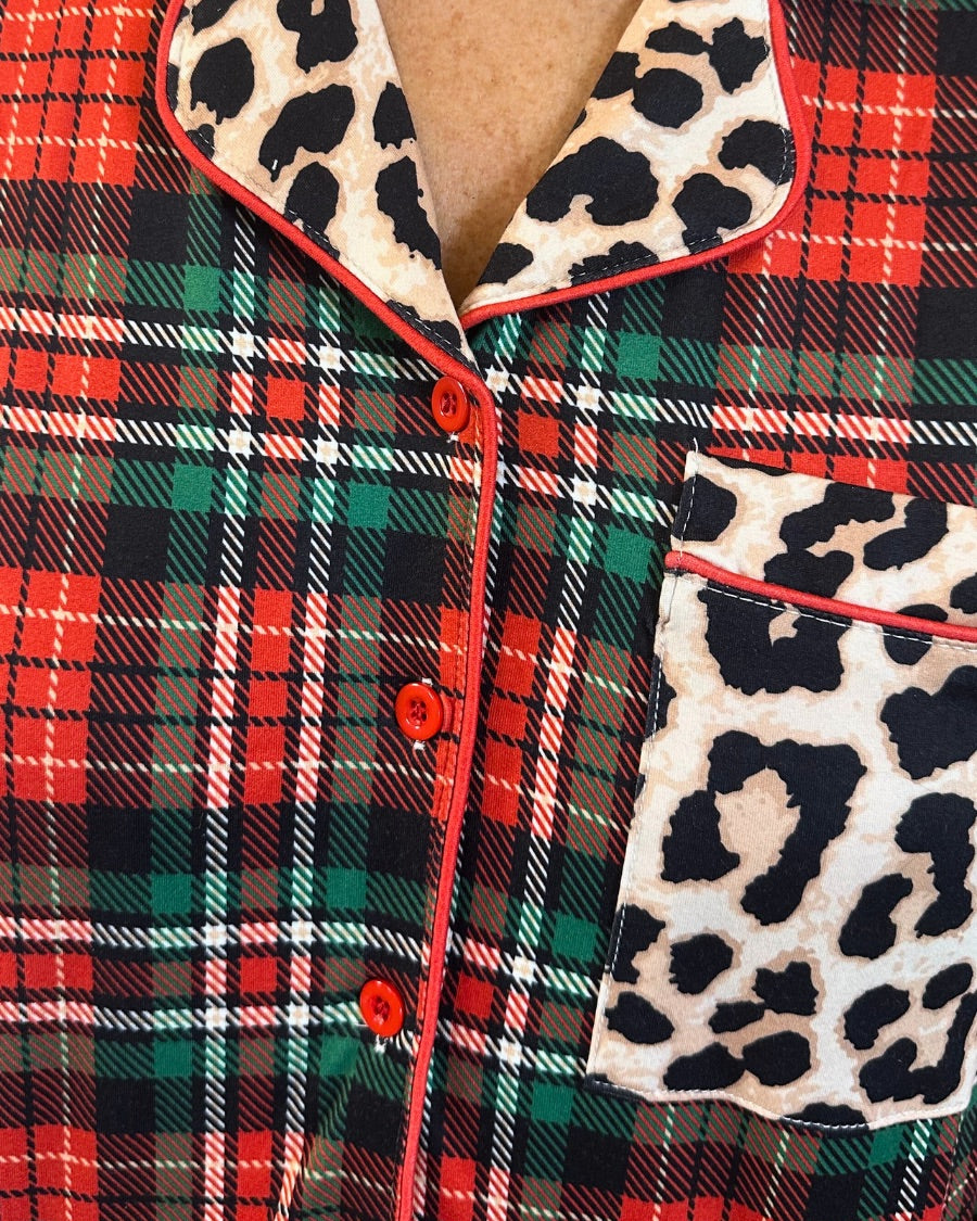 long sleeve top and matching shorts on a plaid base with a mix of leopard print and red accents