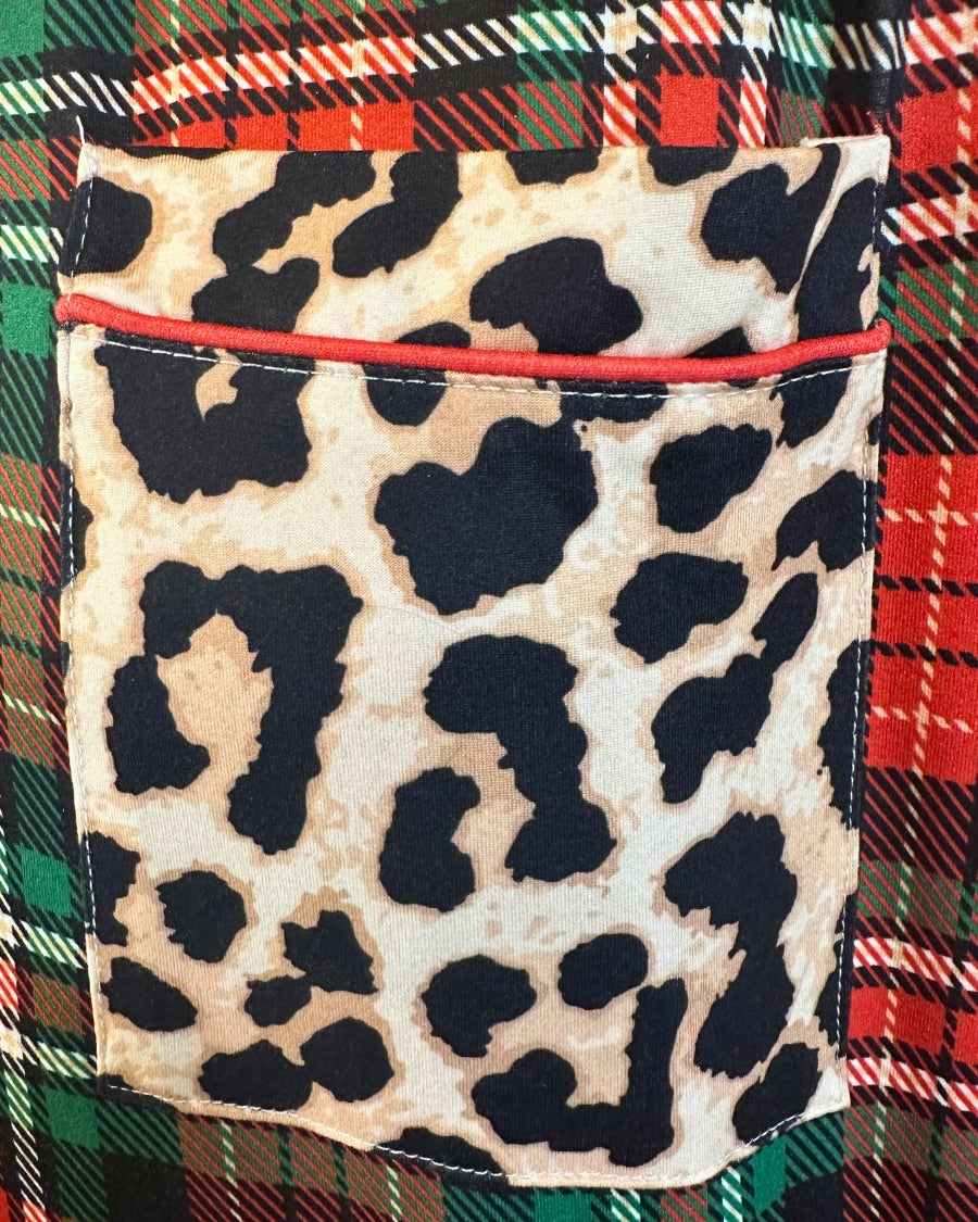 long sleeve top and matching shorts on a plaid base with a mix of leopard print and red accents