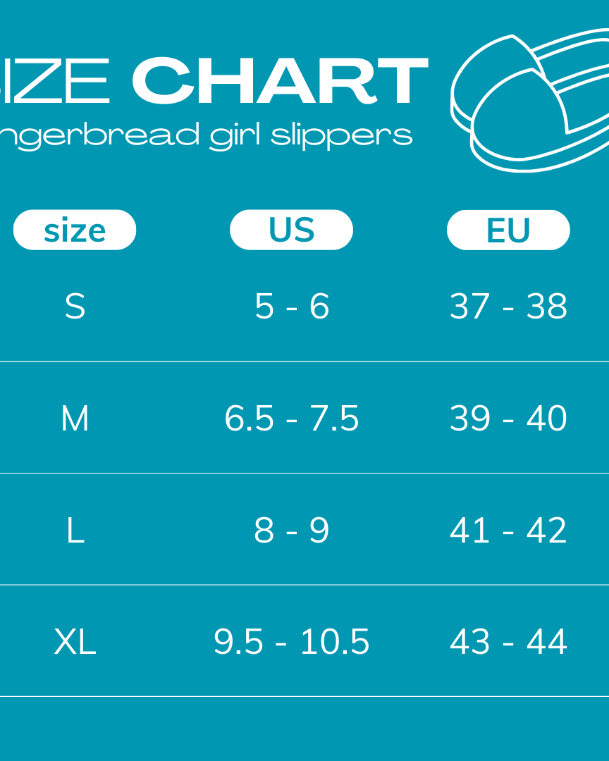 size chart for GINGERBREAD GIRL SLIPPERS