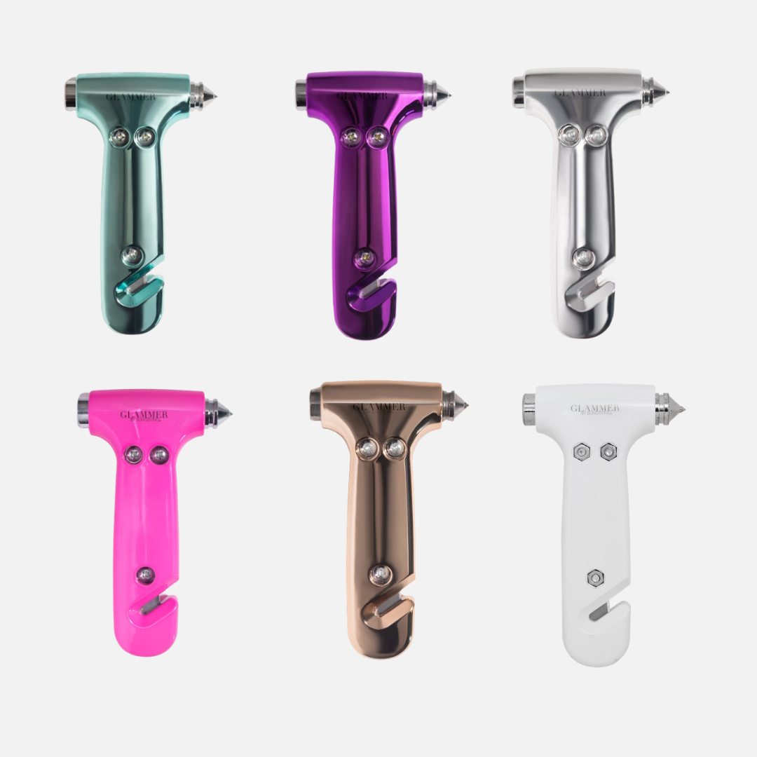 2-in-1 metallic escape hammer for the car with a velcro visor strap available in mint, pink, purple, rose gold, silver, and white
