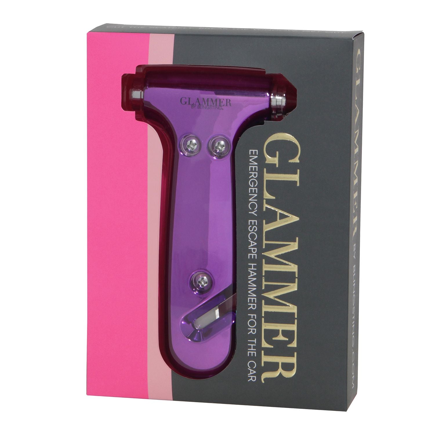 2-in-1 metallic escape hammer for the car with a velcro visor strap available in purple