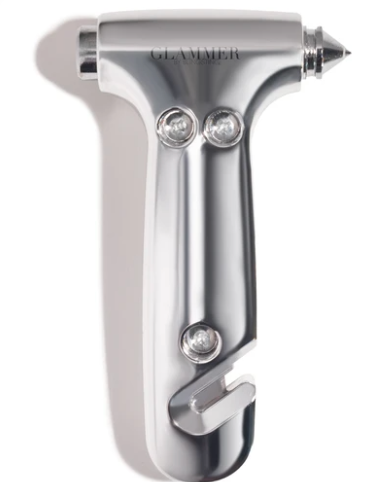 2-in-1 metallic escape hammer for the car with a velcro visor strap available in silver