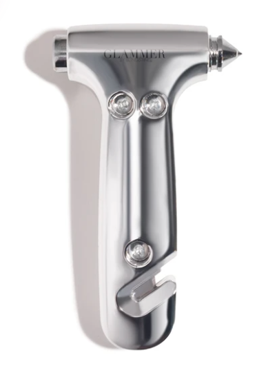 2-in-1 metallic escape hammer for the car with a velcro visor strap available in silver