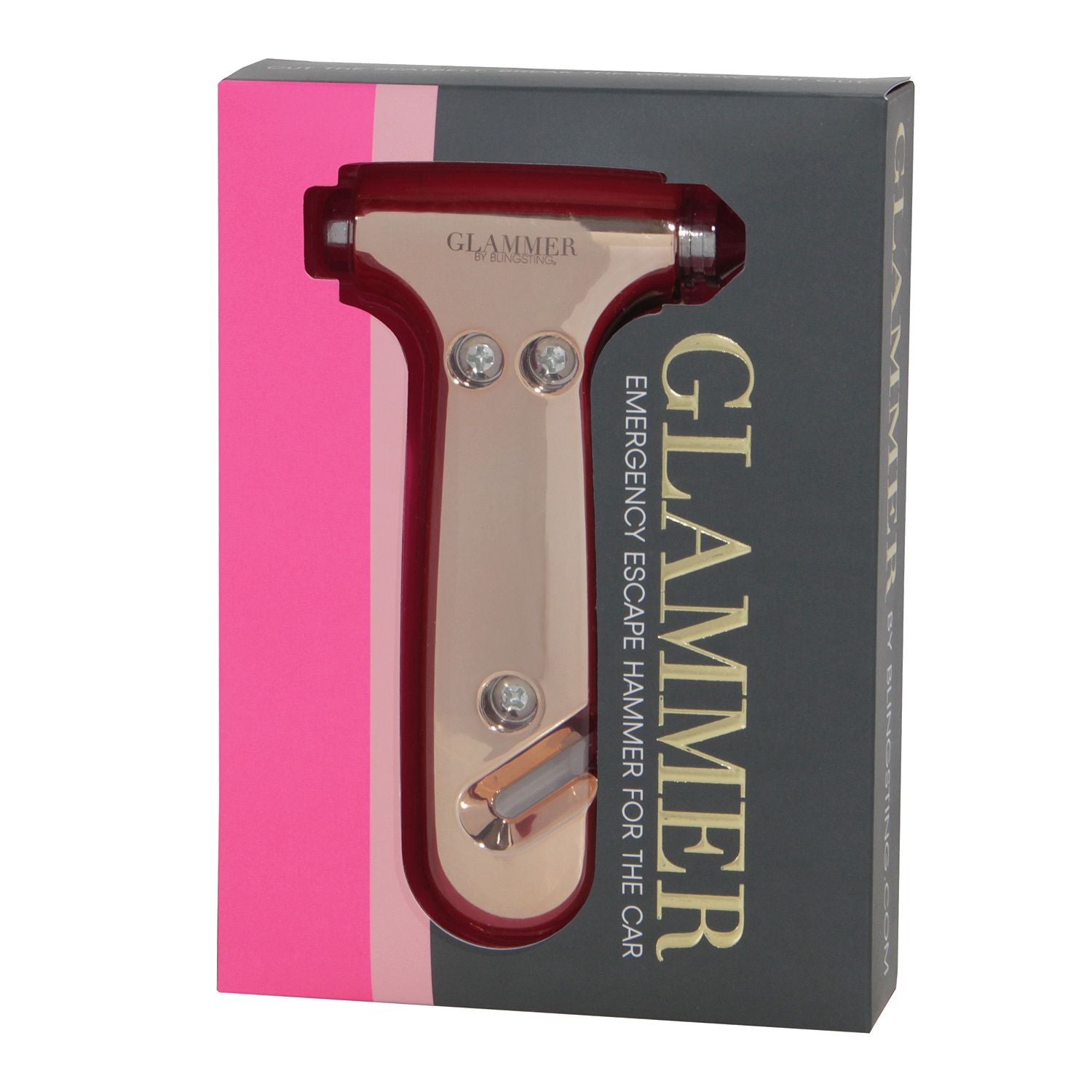 2-in-1 metallic escape hammer for the car with a velcro visor strap available in rose gold