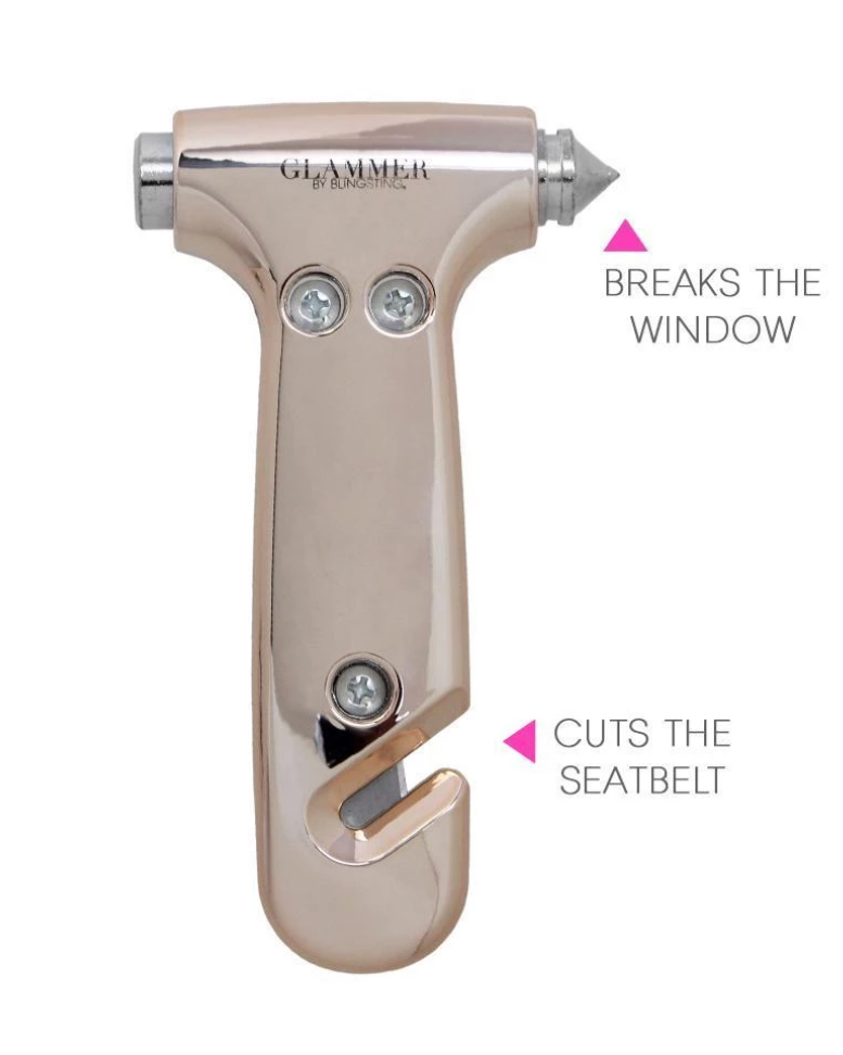 2-in-1 metallic escape hammer for the car with a velcro visor strap available in rose gold
