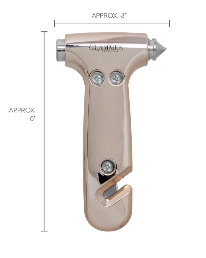 2-in-1 metallic escape hammer for the car with a velcro visor strap available in rose gold
