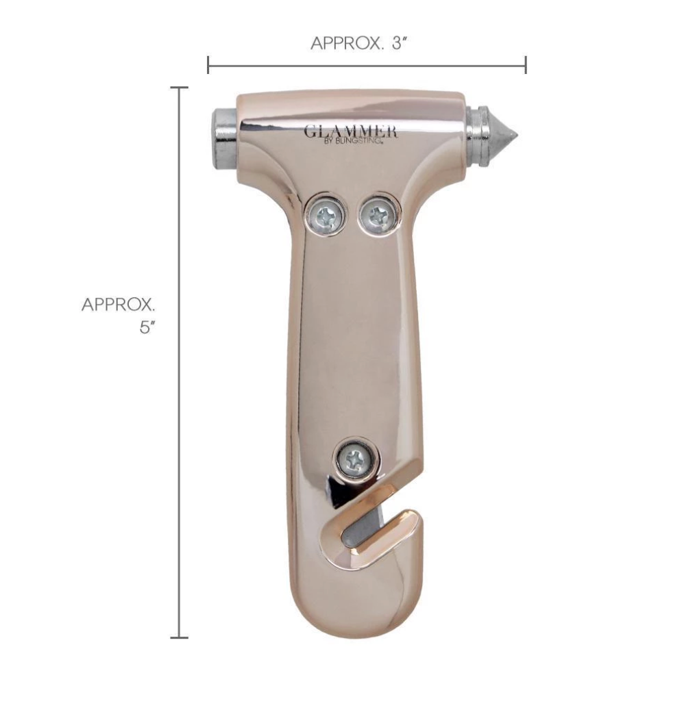 2-in-1 metallic escape hammer for the car with a velcro visor strap available in rose gold