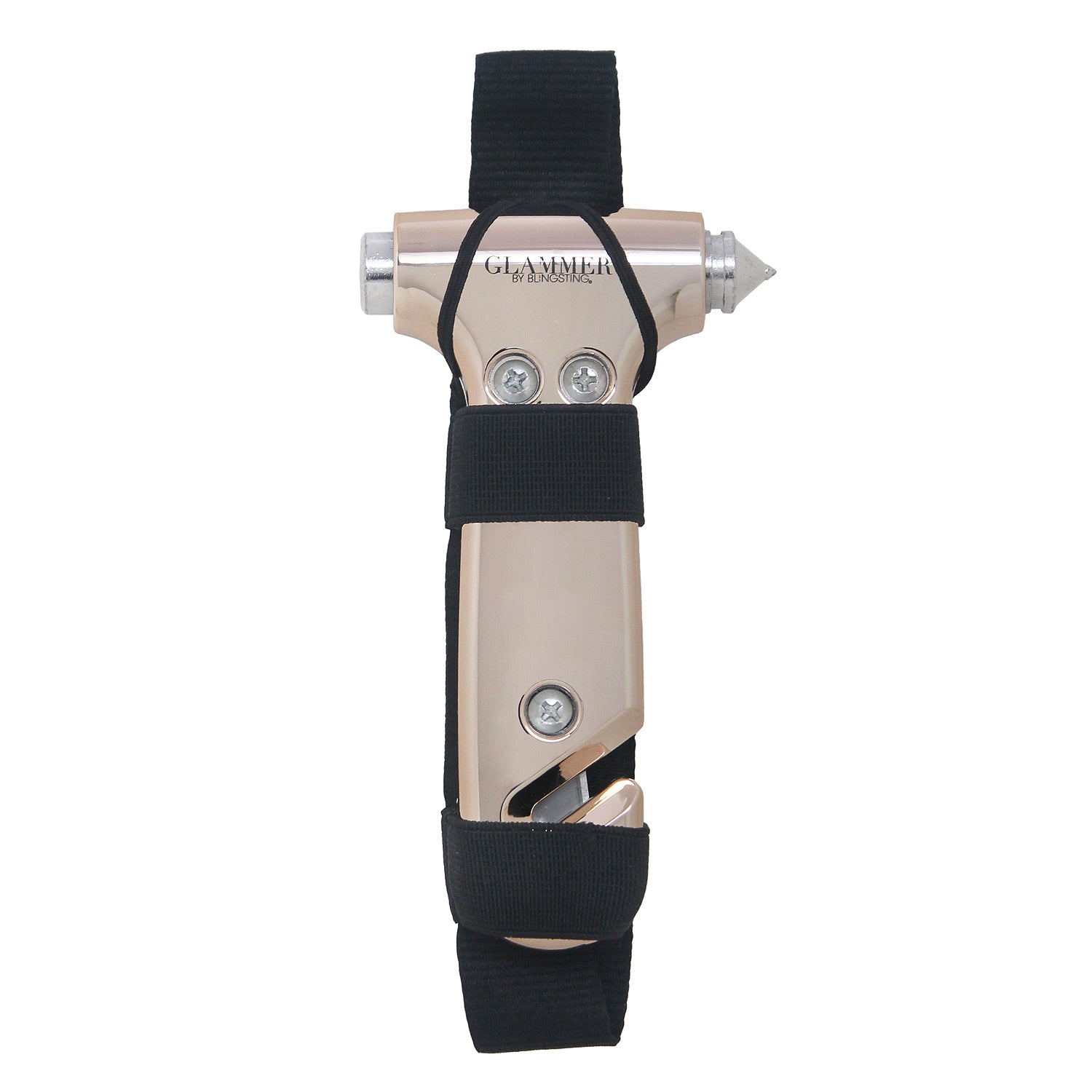 2-in-1 metallic escape hammer for the car with a velcro visor strap available in rose gold