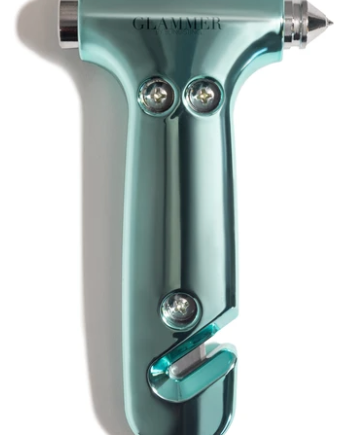 2-in-1 metallic escape hammer for the car with a velcro visor strap available in mint