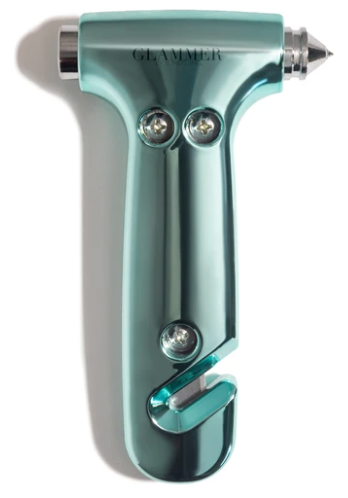 2-in-1 metallic escape hammer for the car with a velcro visor strap available in mint