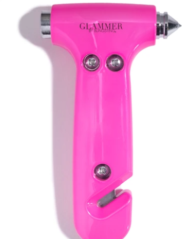 2-in-1 metallic escape hammer for the car with a velcro visor strap available in pink