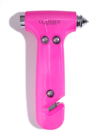 2-in-1 metallic escape hammer for the car with a velcro visor strap available in pink