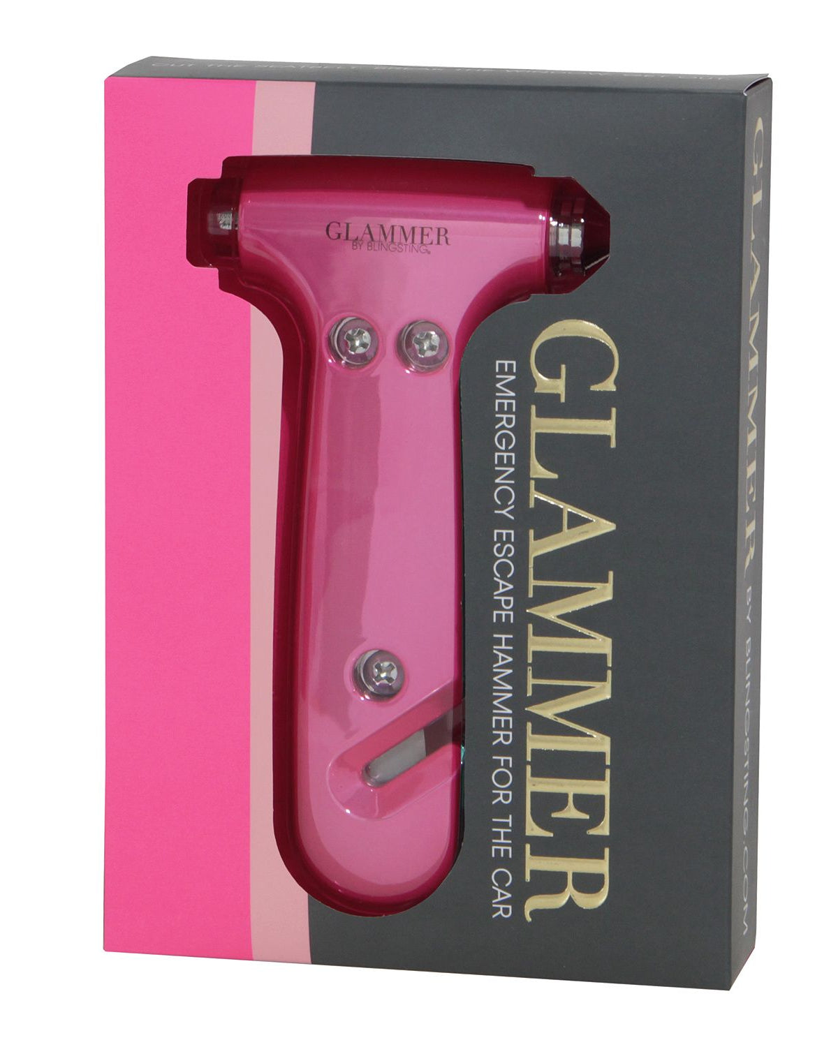 2-in-1 metallic escape hammer for the car with a velcro visor strap available in pink