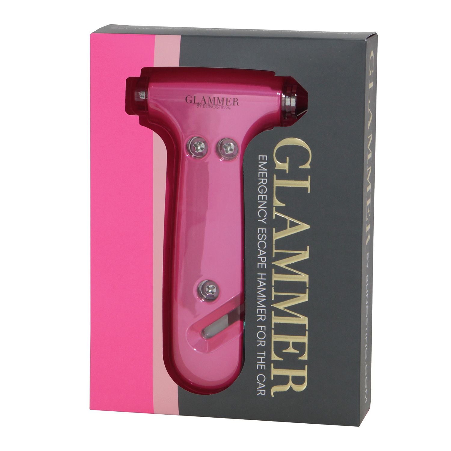 2-in-1 metallic escape hammer for the car with a velcro visor strap available in pink