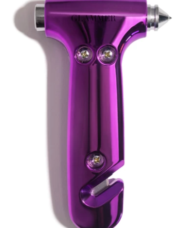 2-in-1 metallic escape hammer for the car with a velcro visor strap available in purple