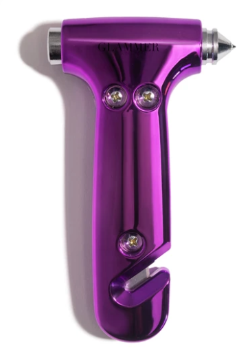2-in-1 metallic escape hammer for the car with a velcro visor strap available in purple