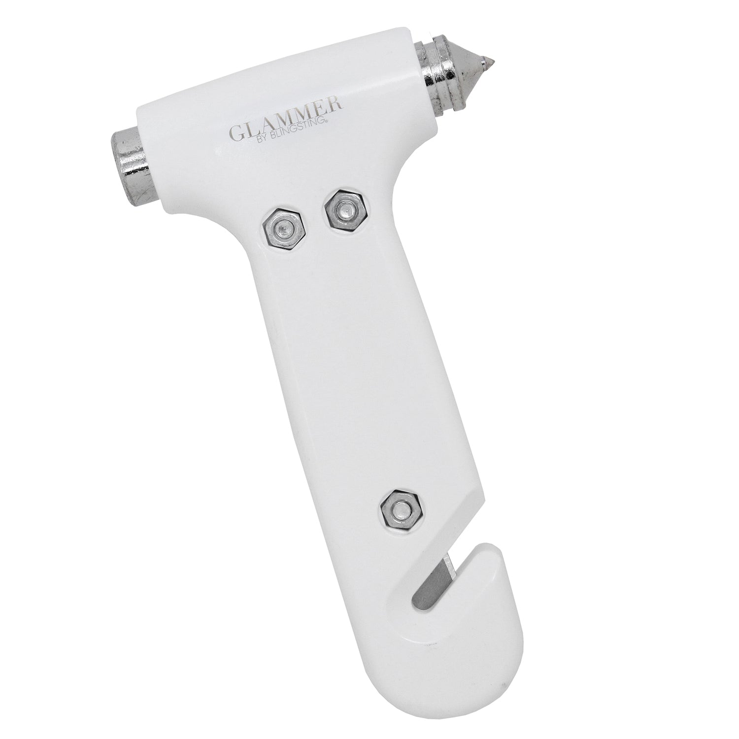2-in-1 metallic escape hammer for the car with a velcro visor strap available in white