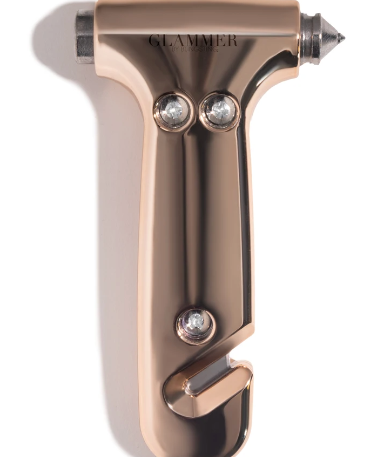 2-in-1 metallic escape hammer for the car with a velcro visor strap available in rose gold