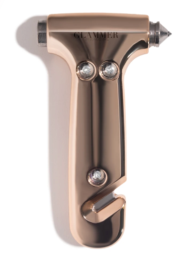 2-in-1 metallic escape hammer for the car with a velcro visor strap available in rose gold