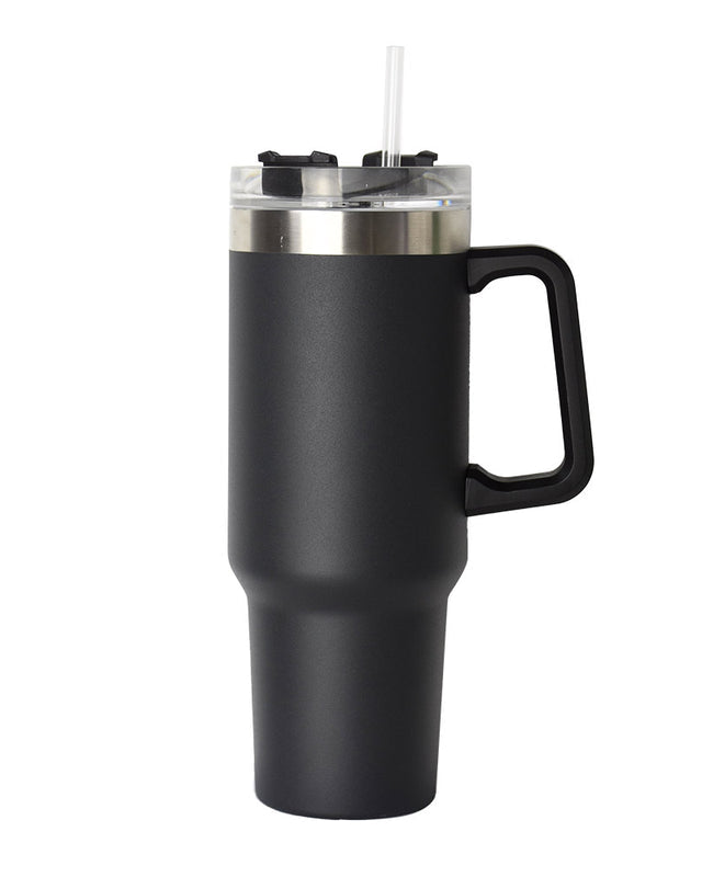 40oz double-wall insulated stainless steel tumbler with screw-on lid, sturdy handle, and reusable straw in in black