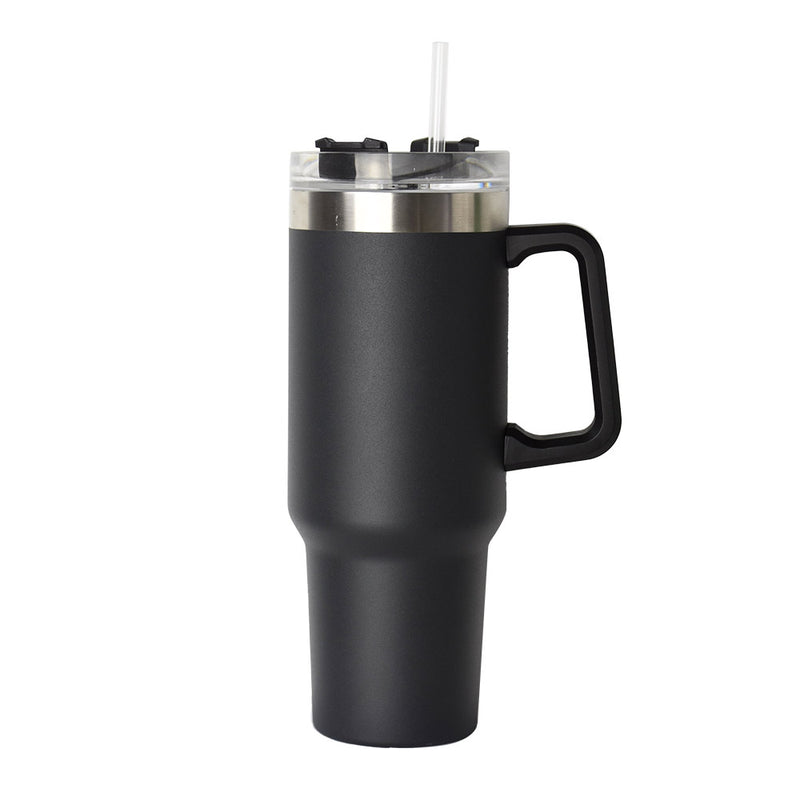 40oz double-wall insulated stainless steel tumbler with screw-on lid, sturdy handle, and reusable straw in in black