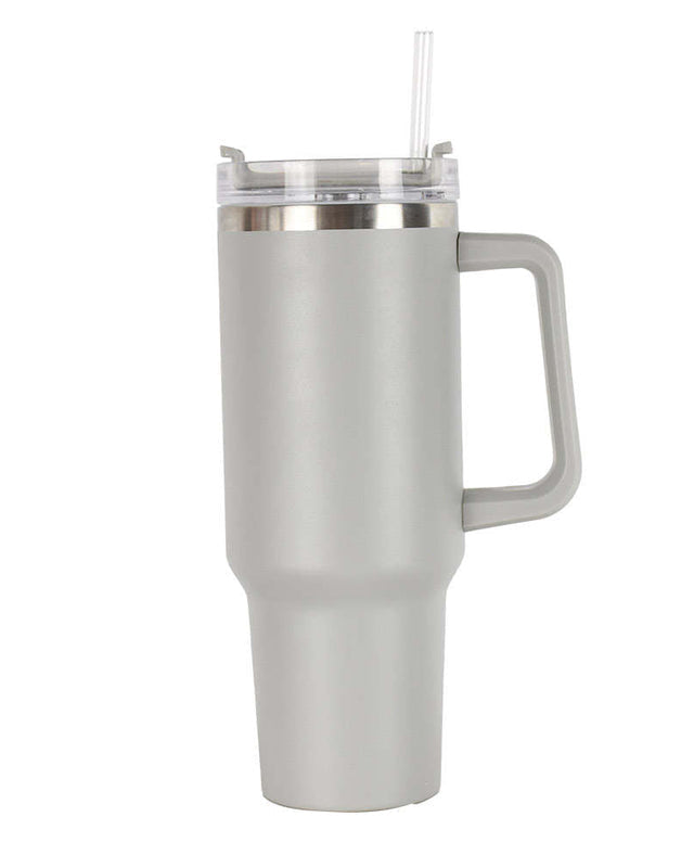 40oz double-wall insulated stainless steel tumbler with screw-on lid, sturdy handle, and reusable straw in dark grey