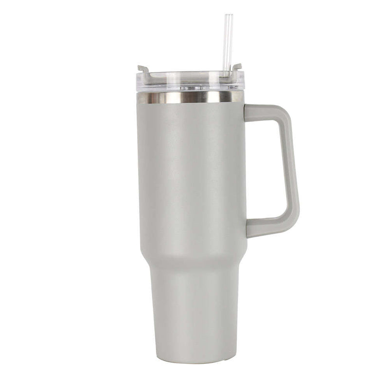 40oz double-wall insulated stainless steel tumbler with screw-on lid, sturdy handle, and reusable straw in dark grey