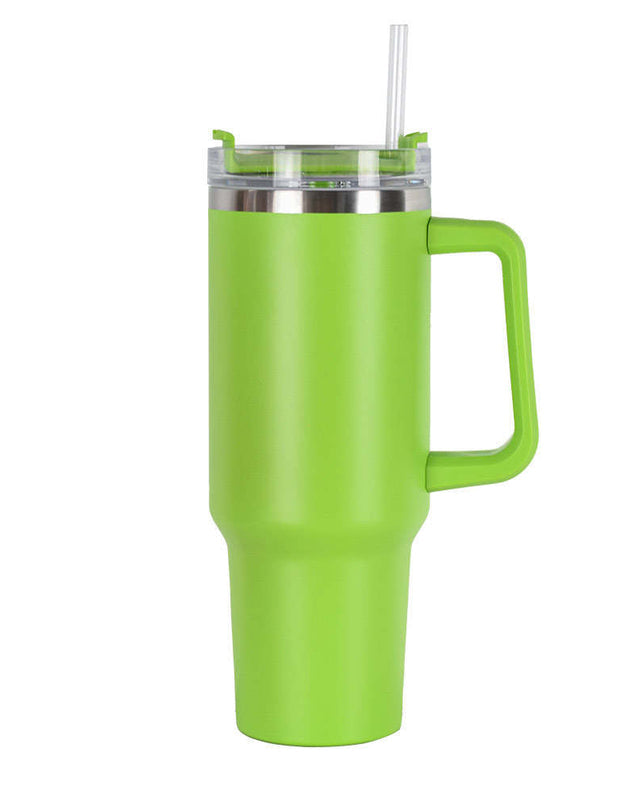 40oz double-wall insulated stainless steel tumbler with screw-on lid, sturdy handle, and reusable straw in green