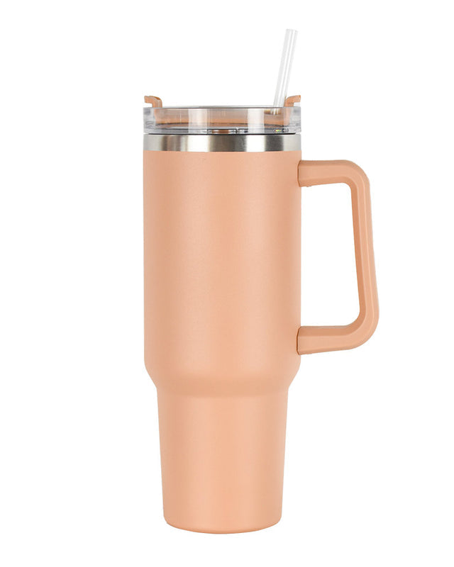 40oz double-wall insulated stainless steel tumbler with screw-on lid, sturdy handle, and reusable straw in khaki