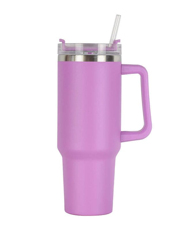 40oz double-wall insulated stainless steel tumbler with screw-on lid, sturdy handle, and reusable straw in lavender