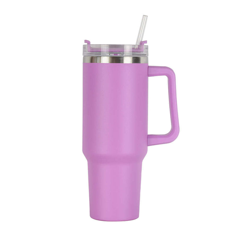 40oz double-wall insulated stainless steel tumbler with screw-on lid, sturdy handle, and reusable straw in lavender
