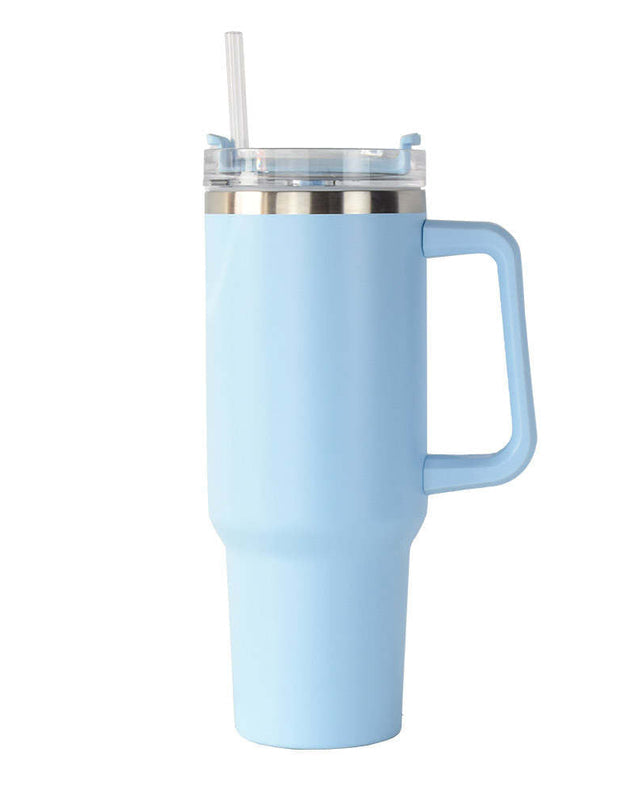 40oz double-wall insulated stainless steel tumbler with screw-on lid, sturdy handle, and reusable straw in light blue