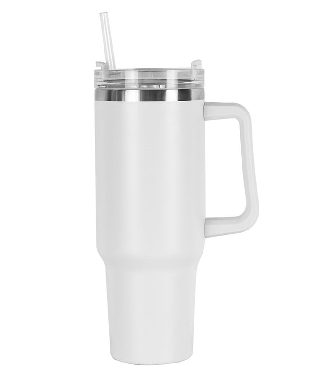 40oz double-wall insulated stainless steel tumbler with screw-on lid, sturdy handle, and reusable straw in light grey