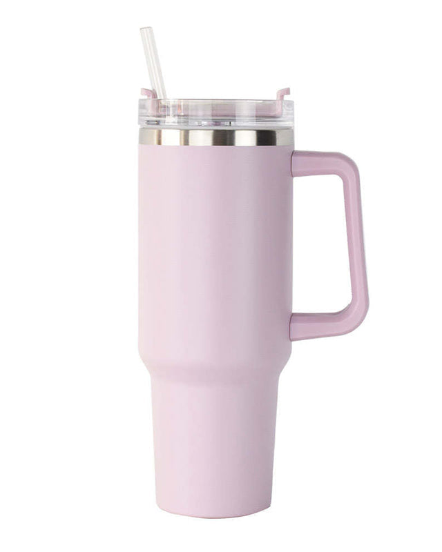 40oz double-wall insulated stainless steel tumbler with screw-on lid, sturdy handle, and reusable straw in light pink