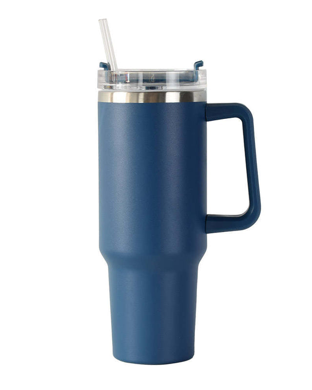 40oz double-wall insulated stainless steel tumbler with screw-on lid, sturdy handle, and reusable straw in navy