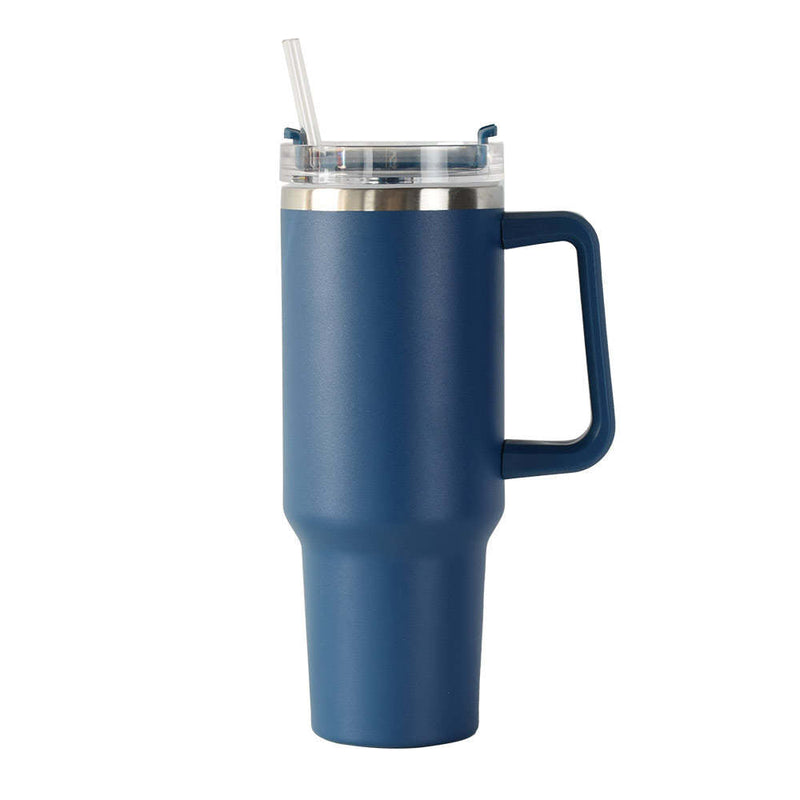 40oz double-wall insulated stainless steel tumbler with screw-on lid, sturdy handle, and reusable straw in navy
