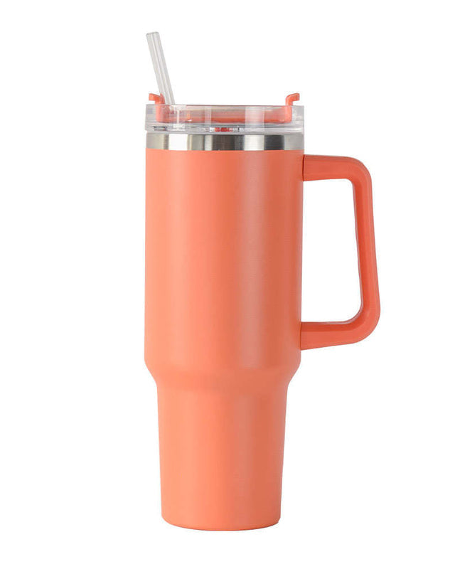 40oz double-wall insulated stainless steel tumbler with screw-on lid, sturdy handle, and reusable straw in orange