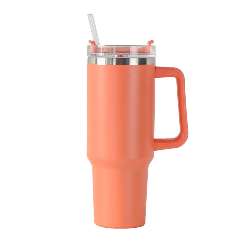 40oz double-wall insulated stainless steel tumbler with screw-on lid, sturdy handle, and reusable straw in orange