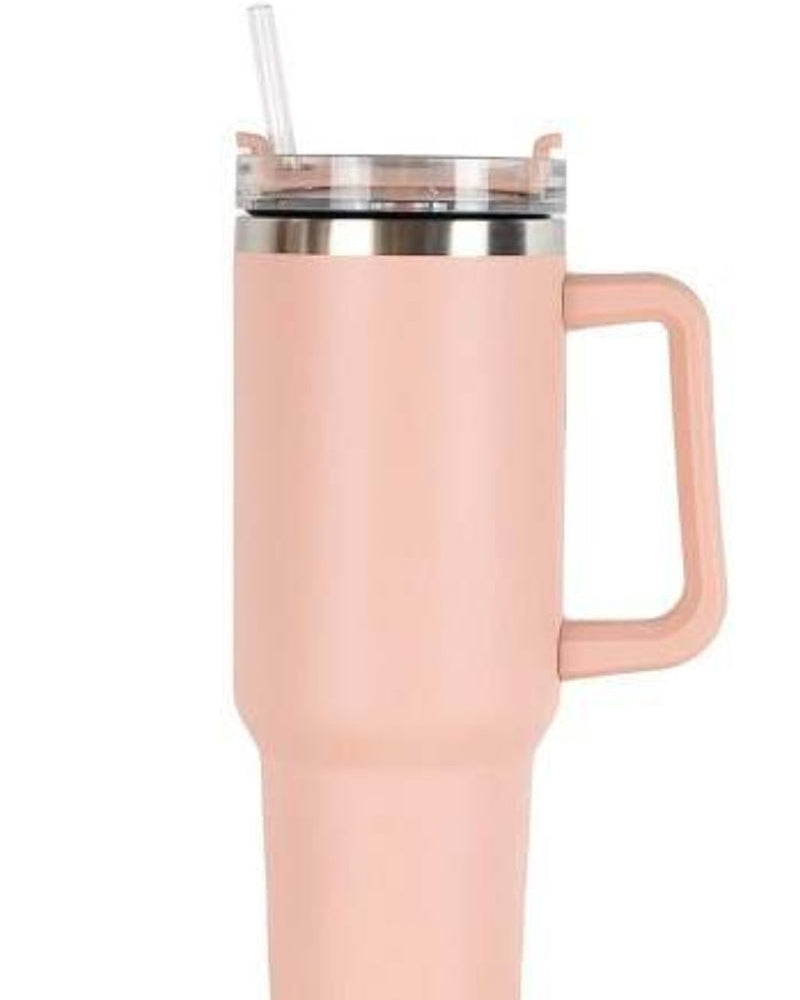 40oz double-wall insulated stainless steel tumbler with screw-on lid, sturdy handle, and reusable straw in peach