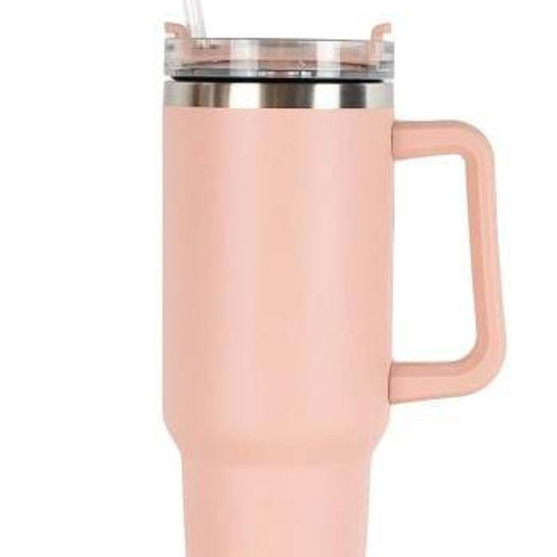 40oz double-wall insulated stainless steel tumbler with screw-on lid, sturdy handle, and reusable straw in peach