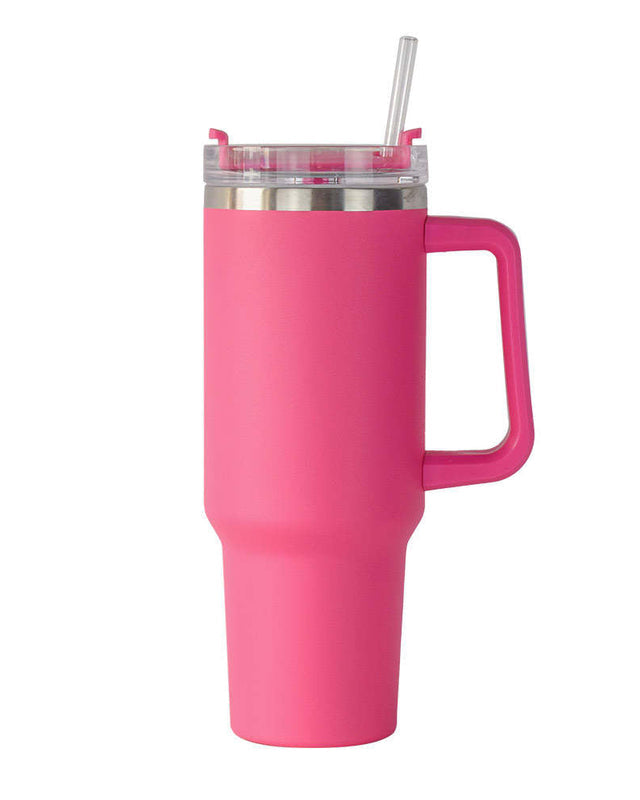 40oz double-wall insulated stainless steel tumbler with screw-on lid, sturdy handle, and reusable straw in pink