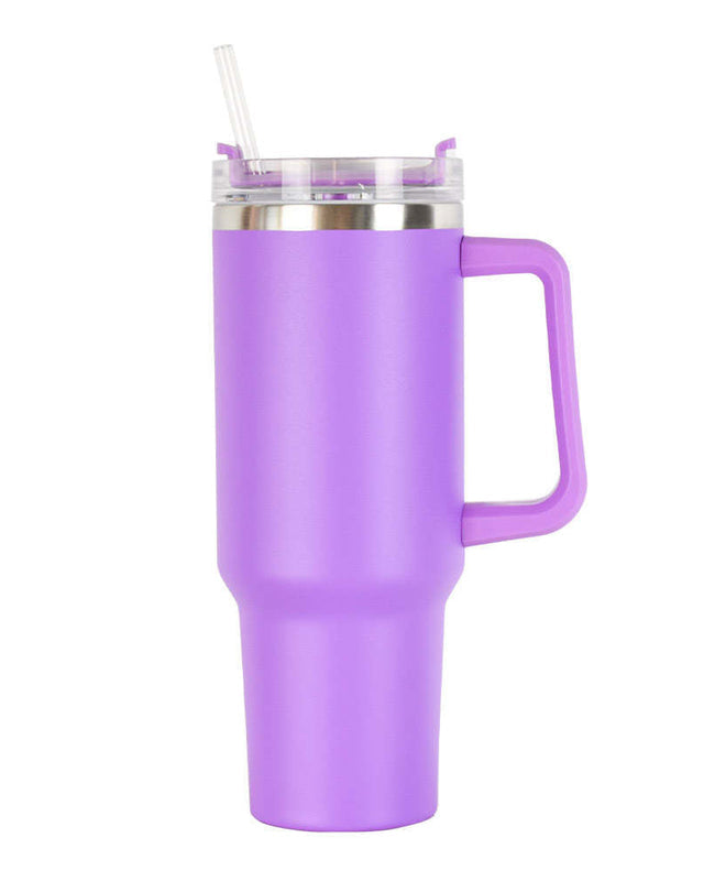 40oz double-wall insulated stainless steel tumbler with screw-on lid, sturdy handle, and reusable straw in purple
