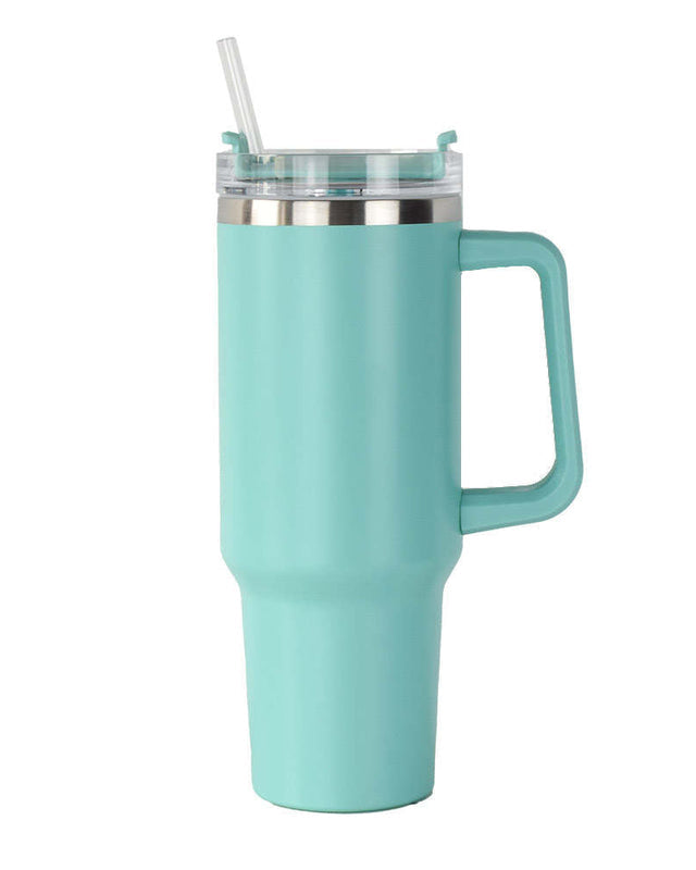 40oz double-wall insulated stainless steel tumbler with screw-on lid, sturdy handle, and reusable straw in teal