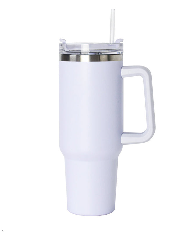 40oz double-wall insulated stainless steel tumbler with screw-on lid, sturdy handle, and reusable straw in white