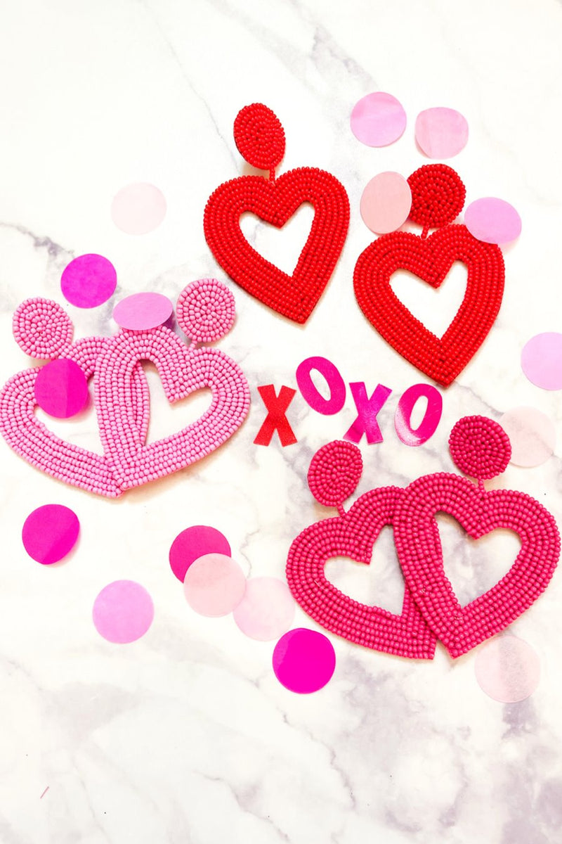 hot pink, light pink, and red beaded post stud earrings with matching beaded heart, a comfort replacement earring back, and a plastic disk stopper style in silver and gold