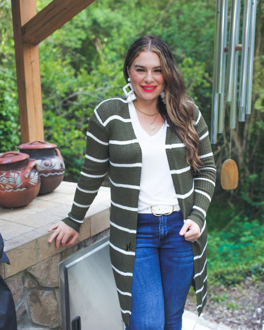 long-sleeve open front cardigan made from super soft, classic fabric with horizontal stripes and a relaxed fit in olive